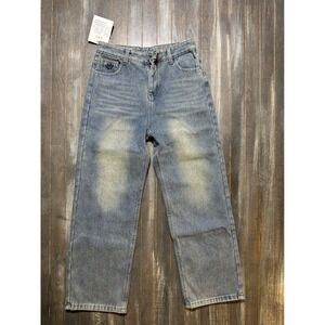 WUDANLIJIA Women Wide Leg fleece lined Jeans Medium Wash Smiley face Embroidery